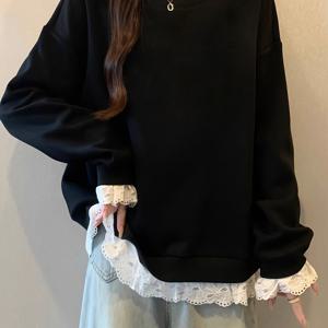 TEMU 여성용 블랙 긴팔 스웨트셔츠, 대비되는 레이스 트림 - 루즈핏 라운드넥 풀오버, 부드럽고 신축성 있는 원단, 봄/가을 캐주얼 웨어, 패션 애호가, 통기성 좋은 소재, 가을 옷장, 편안한 질감, 우아한 디자인