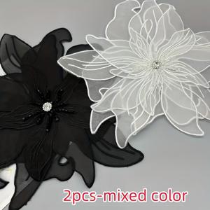 TEMU 2개 세트의 스타일리시한 플로럴 레이스 아플리케. 레이어드한 흑백 꽃무늬에 진주 장식이 돋보이며 드레스 및 의류 장식에 이상적이며, 재봉 자수 패치 및 액세서리 제작에도 적합합니다.