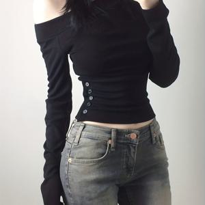 TEMU 여성용 아сим메트리 오프숄더 티셔츠 - 앞면 버튼 클로저의 긴팔 상의, 봄/가을 레이어링을 위한 슬림핏 탑