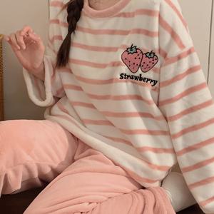 TEMU 여성 핑크 딸기 프린트 코랄 플리스 파자마 세트 - 