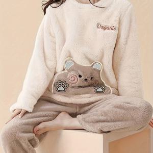 TEMU 브라운 캐릭터 곰 코랄 여성 파자마, 긴 소매 상의와 긴 바지, 투피스 라운지웨어, 신상 가을 겨울 컬렉션, 겨울 파자마,장난기 가득한 라운지웨어,캐주얼 홈웨어,부드러운 플리스 원단,고품질 파자마,여성용 잠옷,매칭 잠옷,여성용 라운지웨어