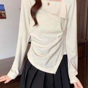 TEMU 2025 가을/겨울 신상 여성용 비정형 V넥 긴팔 티셔츠, 주름 디자인 및 허리 모음, 일상용 탑,캐주얼 웨어,트렌디한 티셔츠,슬리밍 핏,내구성 있는 스티칭,신축성 있는 소재,여성용 상의,핏 블라우스,플러스 사이즈 여성,오피스 캐주얼|블라우스|티셔츠|여성의류