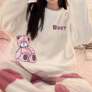 TEMU 여성용 플란넬 파자마 세트, 핑크 만화 곰 귀여운 기모 안감 두꺼운 가을/겨울 홈웨어, 긴소매 라운드넥 상의와 바지, 캐주얼하고 편안한 투피스 아웃핏, 야외복, 크리스마스 할로윈 선물, 의류