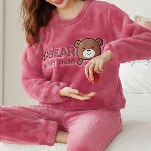TEMU 2pcs 여성용 플란넬 파자마 세트 | 만화 곰, 긴소매 크루넥 상의 및 바지, 집 및 야외 착용을 위한 캐주얼 편안함, 어버이날, 크리스마스, 할로윈 선물로 완벽|잠옷|파자마