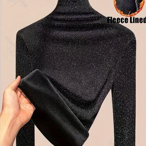 TEMU 여성용 포근한 기모 안감 긴팔 티셔츠 - 부드럽고 따뜻한 겨울 상의, 스탠드업 칼라, ///, 솔리드 캐주얼 풀오버 가을/겨울, 여성 티셔츠, 캐주얼 겨울옷, 편안한 핏 셔츠