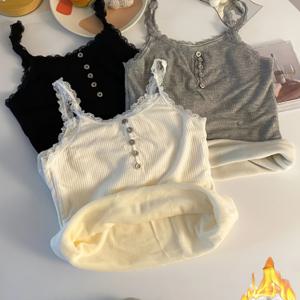 TEMU 여성용 가을 겨울 레이스 베이스 레이어 속옷 3pcs, 추운 날씨용 의류, 편안한 속옷, 부드러운 속옷, 무봉제 디자인, 통기성 소재, 플러시 원단, 레이스 트림 브라, 무봉제 팬티, 데일리 웨어