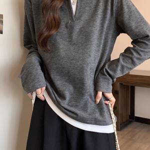 TEMU 여성용 긴팔 티셔츠 - V넥 & 라운드넥 조합, 신축성 있는 원단, 레귤러 핏 캐주얼 상의 (봄/가을용), 데일리 & 포멀룩 레이어링 필수템, 봄 가을 의류, 다용도 의류, 여성 티셔츠