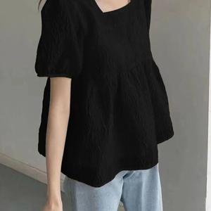 TEMU 여성 여름 캐주얼 스퀘어넥 솔리드 통기성 5부 블라우스 심플 예쁜 반팔 편한 부드러운 쉬폰 셔츠 상의 슬림소녀 SLIM GIRL