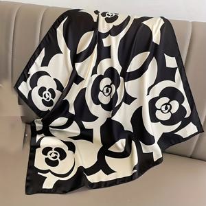 TEMU 밝은 꽃 프린트 실크 스카프 - 부드럽고 세련된 여성용 사각형 액세서리, 블랙 앤 화이트 추상 디자인 - 여행, 해변, 일상 착용에 적합, 해변 스카프 | 강력한 패턴 스카프 | 폴리에스테르 실크