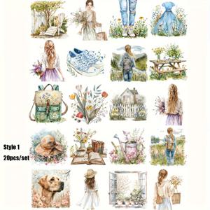 TEMU 봄을 주제로 한 스티커 팩, 다색 종이 스티커와 글리터, 스케치북, 일기, DIY 공예, 불규칙한 모양의 매트 핏, 나무 표면 추천, 단일 사용 - 1 팩 빈티지 봄 꽃과 시골 풍경 스티커