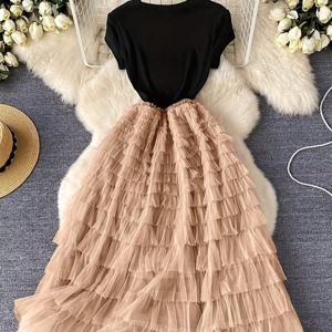 TEMU 여성용 우아한 컬러 블록 케이크 스커트 원피스 & 반팔 상의 - A라인 롱 포멀 파티 드레스, 라운드넥 여름 웨딩 게스트 가운, 소프트 핑크 & 블랙 컬러 블록, 통기성 좋은 원단으로 특별한 날에 적합|여름원피스|드레스