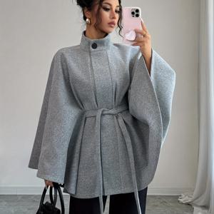 TEMU 여성용 우아한 칼라 케이프 재킷 - 벨티드 웨이스트 타이, 사계절용 & 드레스 재킷, 세탁기 사용 가능한 테일러드 아우터웨어 (단색) - 웨딩, 파티 등 다양한 용도