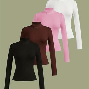 TEMU 여성용 하이넥 긴팔 터틀넥 탑 4개 세트 - 고탄력 캐주얼 편안한 솔리드 컬러 베이직 탑, 기계세탁 가능 사계절 레이어링 필수품, 다용도 의류, 심플 디자인, 편안한 착용감