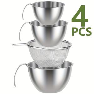 TEMU 4개 세트 CY 미니 믹싱 컵 (손잡이 포함) - 내구성 강한 스테인리스 스틸 혼합 그릇, 식기세척기 사용 가능, 공간 절약형 디자인, 베이킹 및 요리용, 샐러드 준비, 다용도 보울, 가정/레스토랑/기숙사용 - 쉬운 청소 주방 필수품, 컴팩트 저장, 튼튼한 손잡이, 다목적 그릇