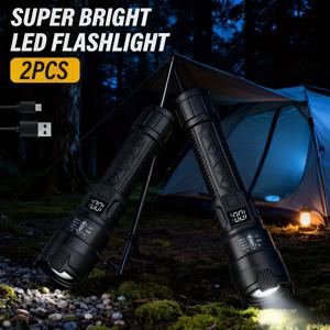 TEMU BB BRIGHT 충전식 LED 손전등 2개 세트. 컴팩트한 디자인, 조절 가능한 초점, 배터리 잔량 표시등이 특징이며, 야외 활동, 캠핑, 작업 및 비상 상황에 적합한 3가지 조명 옵션을 제공합니다. 카테고리: 휴대용 손전등