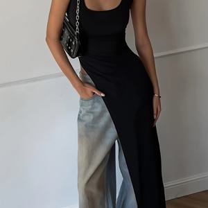 TEMU 단색 스쿠프 넥 상의, 섹시한 비대칭 밑단 민소매 상의, 봄 & 여름용 여성 의류