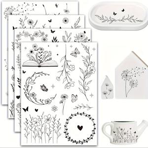 TEMU 4장 봄꽃 투명 이전용 스티커, 민들레·식물·나비 DIY 가구/유리/세라믹 수공예품을 위한 지우개형 데칼, 19cm×14cm, 세라믹 스티커, DIY수공예, 나비무늬, 플로럴 디자인, 광택감 있는 마감, 장식용 이전재료, 지우개형 스티커, 크래프트 소품, 홈 데코레이터, 창의적인