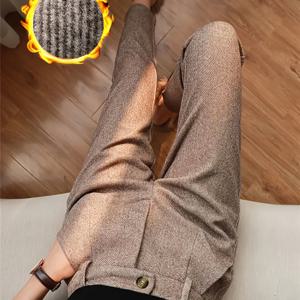 TEMU 여성용 하이웨이스트 팬츠 - 버튼 클로저가 있는 두꺼운 트위드 원단, 신축성 있는 허리 & 포켓, 가을/겨울용 우아한 블랙 트라우저, 오피스, 파티, 하이웨이스트 레깅스, 캐주얼 웨어, 스타일리시한 하의, 튼튼한 구조, 클래식 디자인