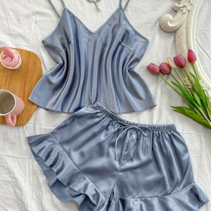 TEMU 여성용 V넥 페이크 캐미솔 반바지 파자마 세트, 2피스