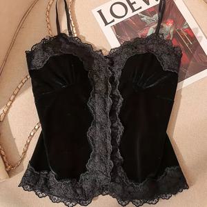TEMU 여성용 우아한 프렌치 스타일 블랙 레이스 & 벨벳 대비 레이스 트림 V넥 캐미솔 탑 - 올 시즌 레이어링 필수템, 슬림핏 V넥 러플 헴, 캐주얼 복장, 발렌타인데이, 데이트 나이트에 완벽, 레이스 캐미솔