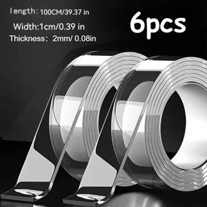 TEMU 6롤 헤비듀티 양면 나노 테이프 세트 - 초강력 재사용 가능 접착제, 잔여물 없이 제거 가능, PVC, 벽, 금속, 플라스틱, 목재용 - 다목적 예술, 포스터, 간판, 임시 수리, 표면 장착