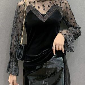 TEMU 여성 봄여름 레이스 티셔츠 빅사이즈 반목 이너 레이어드 시스루 레터링 프린트 긴팔 티셔츠 펀칭 티셔츠 나팔 소매