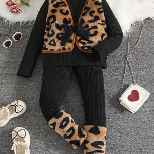 TEMU 따뜻한 플리스 겨울 아동복 1-8세 여아용: 조끼 페이크 2피스 + 리브드 팬츠 | 가족 나들이와 휴가 모임에 완벽한 스타일리시 유아 세트, 야외 활동에 적합