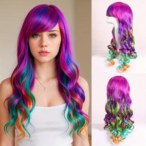 TEMU 28인치 여성용 앞머리 곱슬 가발 - 생생한 보라색에서 분홍색 옴브레, 내열성 합성 섬유, 조절 가능한 버클 네트 캡으로 안전하게 착용 가능, 파티, 코스프레 및 일상 사용에 적합, 파티 헤어피스, 코스프레 액세서리, 편안한 착용감 캡