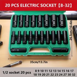 TEMU 미터 딥 임팩트 소켓 20개 세트 (임팩트 렌치 어댑터 포함). Cr-V 스틸 재질로 제작되었으며, 8mm에서 32mm까지의 범위에 걸쳐 있으며, 전동 렌치 및 에어 육각 소켓과 함께 사용하도록 설계되었습니다. 자동차에 적합합니다.
