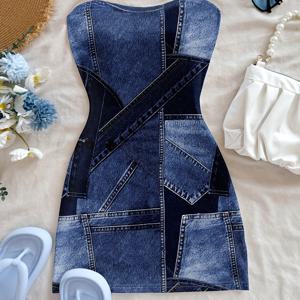 TEMU [프린트 원피스 - 데님 원단 아님] 여성용 페이크 데님 프린트 미니 원피스, 캐주얼 휴가, 뮤직 페스티벌, 스타일, 웨스턴 테마 및 파티룩에 적합, 여름 축제에 이상적.