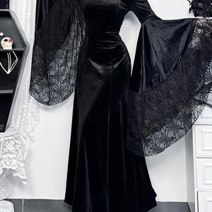 TEMU 고딕 스타일 할로윈 코스튬, 박쥐 날개 벨벳 드레스와 레이스 장식이 특징인 마녀 코스프레, 여성용 롱 가운.|여름원피스|나시원피스