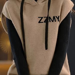 TEMU 2024 신상 여성 캐주얼 후드 카디건 - 레드 & 블랙 컬러블록 디자인, 조절 가능한 드로스트링 후드, 봄/가을 사계절 레이어링 아이템, 트렌디 니트웨어, 내구성 있는 구조, 지퍼 없는 재킷, 패션 애호가를 위한 가을 옷장 필수