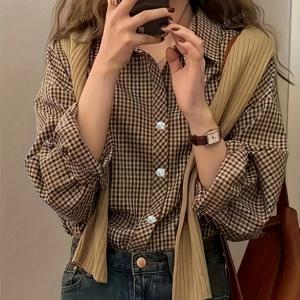 TEMU 여성 빈티지 체크 셔츠 - 클래식 칼라와 버튼 디자인, 봄/가을 출퇴근, 캐주얼 외출 및 다양한 레저 활동에 적합한 루즈핏.