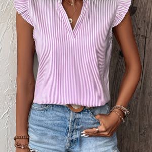 TEMU 여성용 연두색 & 흰색 줄무늬 V넥 퍼프 소매 블라우스 - 캐주얼 루즈핏 버튼업 셔츠, 여름 의상에 완벽, 캐주얼 여름복 | V넥 블라우스 | 버튼업 셔츠, 여성용 탑 및 블라우스, 여성용 셔츠 및 블라우스, 여성용 탑 블라우스, 여성용 셔츠, 여성용 블라우스, 여성용 탑 블라우스, 여성용 스타일리시 탑