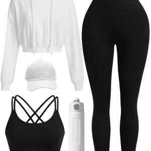 TEMU 3피스 여성용 심리스 요가 세트 - 하이웨이스트 운동 레깅스 + 크로스백 스포츠 브라 + 드로우스트링 후드 스웨트셔츠