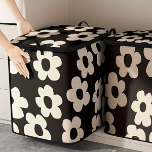 TEMU 대용량 옷 커버 보관함 1개, 흑백 꽃무늬 프린트, 옷장 정리 수납 가방, 강력한 지퍼가 있는 접이식 옷 보관 상자, 옷, 담요, 이불 등에 적합|이불정리함