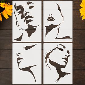TEMU 4pcs 여성 실루엣 아트 스텐실 재사용 가능한 얼굴 컨투어 스텐실 여성 DIY 공예 인크, 타투, 캔버스 홈 데코, 견고한 PET 재질, 직물, 목재 벽, 가구에 이상적