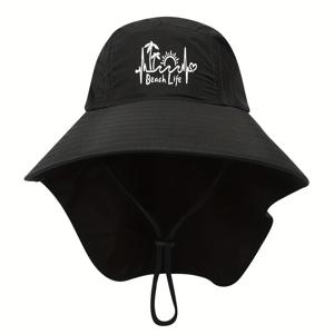 TEMU 비치 라이프 버킷 모자 - 블랙 선셋 & 팜 트리 프린트, 조절 가능한 스트랩, 폴리에스터, 캠핑, 비치, 및 야외 활동에 이상적, 비치 액세서리 | 선셋 테마 모자 | 내구성 있는 헤드가어