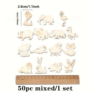 TEMU 50개 무작위 미완성 목재 동물 뱀 코끼리 여우 장식용 칩, DIY 공예용, 파티 장식에 사용 가능