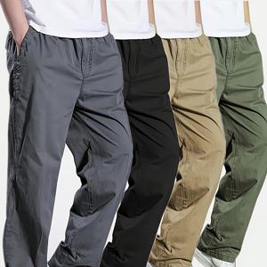 TEMU 남성용 캐주얼 작업 바지 4종 세트, 섬유 소재, 남성용 긴 바지, 드로스트링 허리, 신축성 없음, 단색, 루즈핏, 미드 라이즈, 다중 포켓 디자인, 야외 활동에 적합 - 봄/가을 시즌.