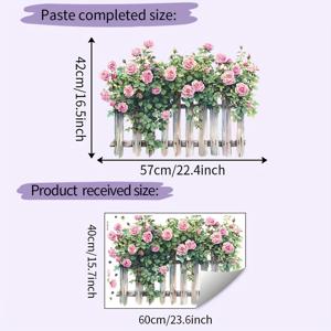 TEMU 1pc 글램 스타일 꽃 벽 스티커 - 분리 가능, 핑크 로즈 및 녹색 잎이 있는 방수 PVC 데칼, 15.7인치 .6인치, 집 장식, 주방, 욕실, 또는 사무실에 완벽한 재사용 가능한 벽 예술 | 반짝이는 마무리 | 쉽게 설치할 수 있는 꽃 장식