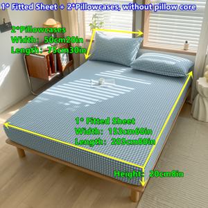 TEMU 체크무늬 블루 소형 그리드 피트 시트 세트 3개, 프린트 매트리스 보호 커버 포함, 침실용 피트 시트+베개커버 2개