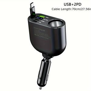 TEMU 120W 고속 충전 차량용 휴대폰 충전기 어댑터 (아이폰, 삼성, 화웨이, 샤오미 호환) - 4-in-1 retractable USB Type C 케이블 포함