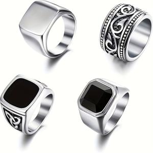 TEMU 남성용 304L 스테인리스 스틸 빈티지 자전거 엠블럼 반지 4개 세트, 솔리드 폴리싱 밴드, 사이즈 7-12, 웨딩 주얼리.