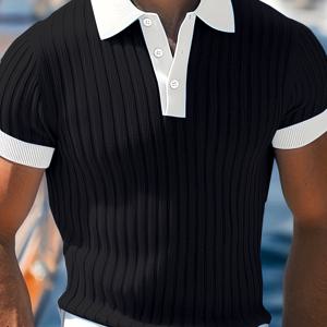 TEMU [Shule Water OBM] 남성용 블랙 반팔 캐주얼 폴로 셔츠. 텍스처된 골지 소재로 제작되어 편안함을 제공하며 여름, , 휴가, 캐주얼 외출에 적합합니다. 스타일리시한 텍스처 폴로 탑.