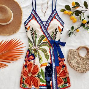 TEMU 여성용 엘레강트 스페셜 에디션 미니 스커트와 코코넛 트리 팜 리프 패턴 파스타 휴가용 원피스