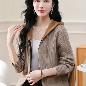 TEMU 여성용 우아한 후드 지퍼 스웨터 - 가을/겨울용 소프트 패브릭 레이어링 재킷, 프론트 지퍼 클로저, 오피스 & 파티용 데일리 아웃핏 - 여성 패션 아우터웨어, 귀여운 스웨터, 세련된 디자인, 내구성 강화, 스타일리시한 겨울복, 고품질 소재, 겨울 옷장