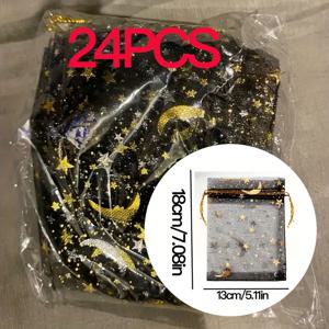 TEMU 트윈 타이가 있는 24팩 블랙 메탈릭 호일 시어 오간자 백 - 4가지 사이즈, 파티 선물용 천문학 테마 패브릭 기프트 파우치, 보석 포장, 웨딩 기프트, 크리스마스, 할로윈, 새해, 데이 및 확인식 파티 장식, 선물용 기프트 백, 축제 기프트 백, 천체 디자인, 반짝이는 마감, 크리스마스에 가장 적합