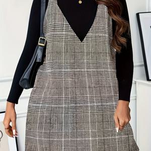 TEMU 플러스 사이즈, 플러스 사이즈 여성용 우아한 V넥 체크무늬 A라인 드레스 - 긴 소매 겨울 코트 같은 드레스, 구조화된 하운드투스/체크 패턴 (블랙/화이트/탄), 기계 세탁 가능한 오피스에서 파티웨어, 가을 겨울 워드로브 필수품