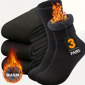 TEMU 남성용 겨울용 따뜻한 기모 하이킹 양말 3켤레 - 두꺼운 플러시 방한 보온, 통기성 및 흡습성, 아치 디자인의 부드럽고 편안한 디자인, 야외 활동, 하이킹 장비, 내구성 있는 구조를 위한 단색